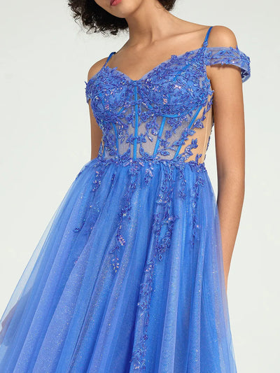 Carlyna Carlyna Carlyna Carlyna Carlyna A-Line Lace & Tulle Dress with Floral Sequin Embellishments and Leg Slit