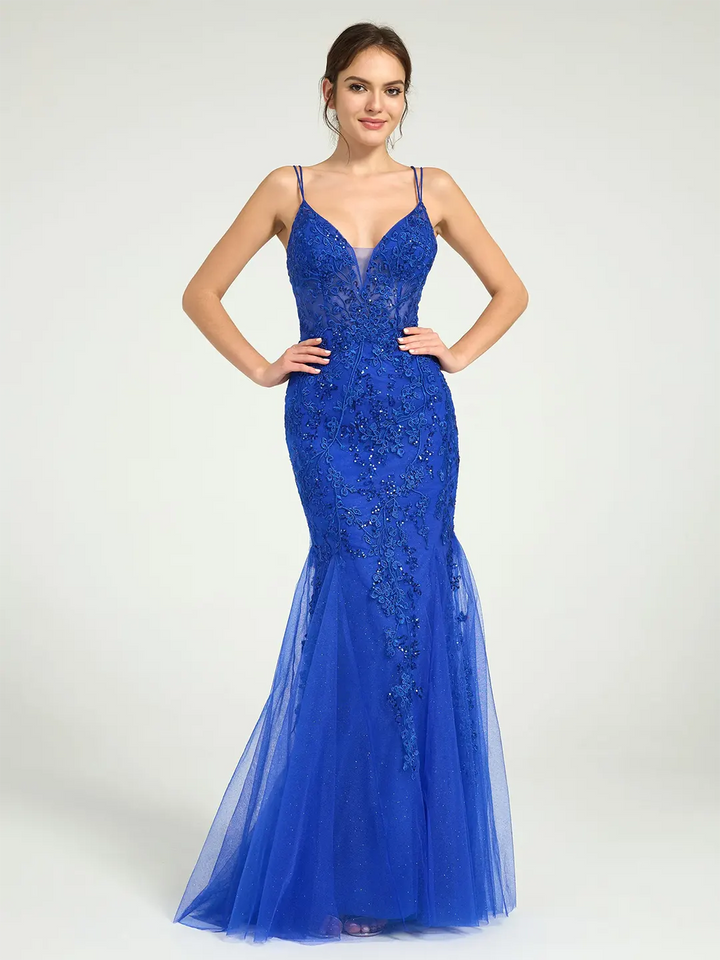 V-Neck Lace-Up Mermaid Tulle Maxi Formal Prom Dress with Sequin Lace V-Neck Lace-Up Mermaid Tulle Maxi Formal Prom Dress with Sequin Lace