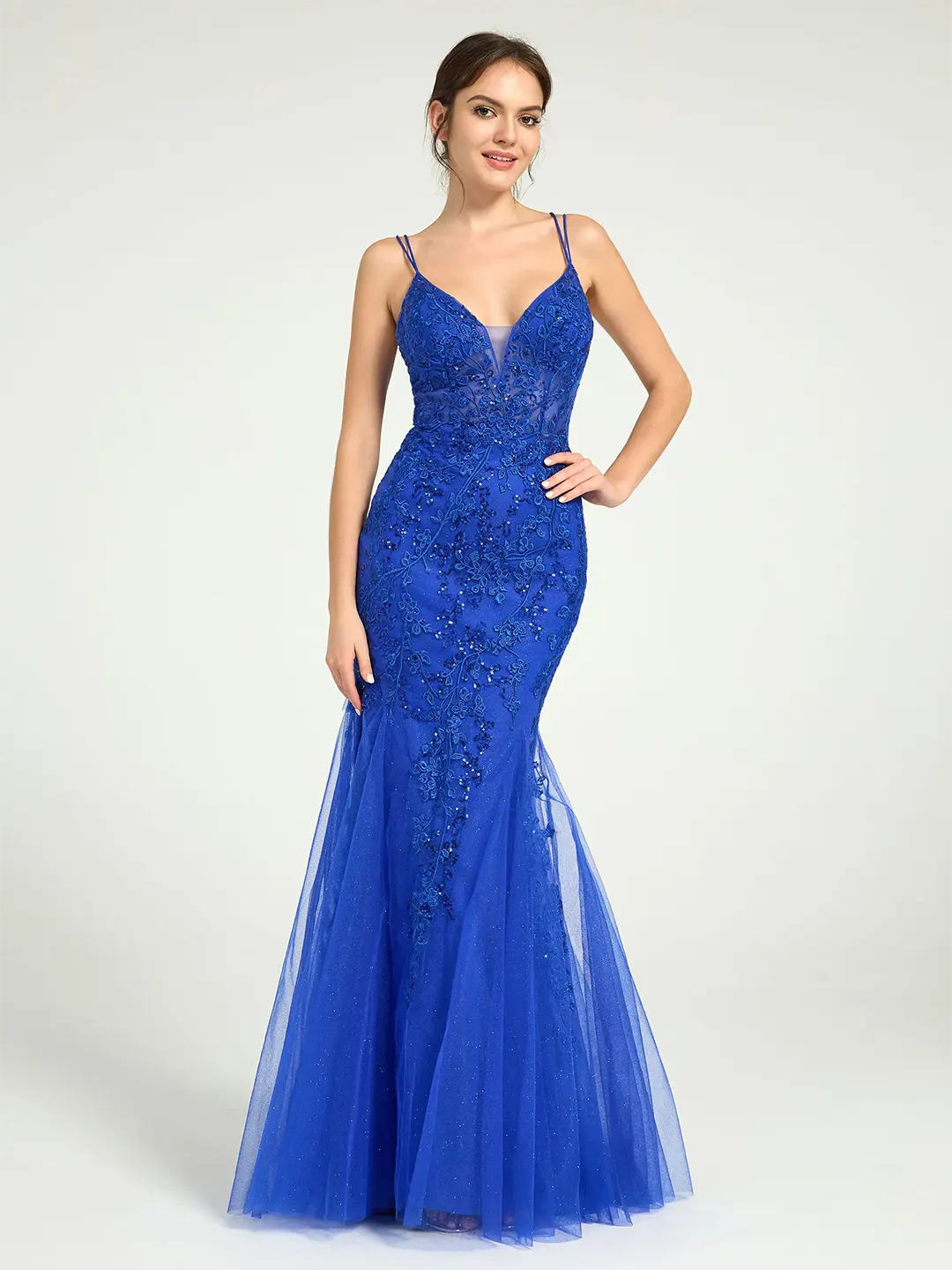 V-Neck Lace-Up Mermaid Tulle Maxi Formal Prom Dress with Sequin Lace V-Neck Lace-Up Mermaid Tulle Maxi Formal Prom Dress with Sequin Lace