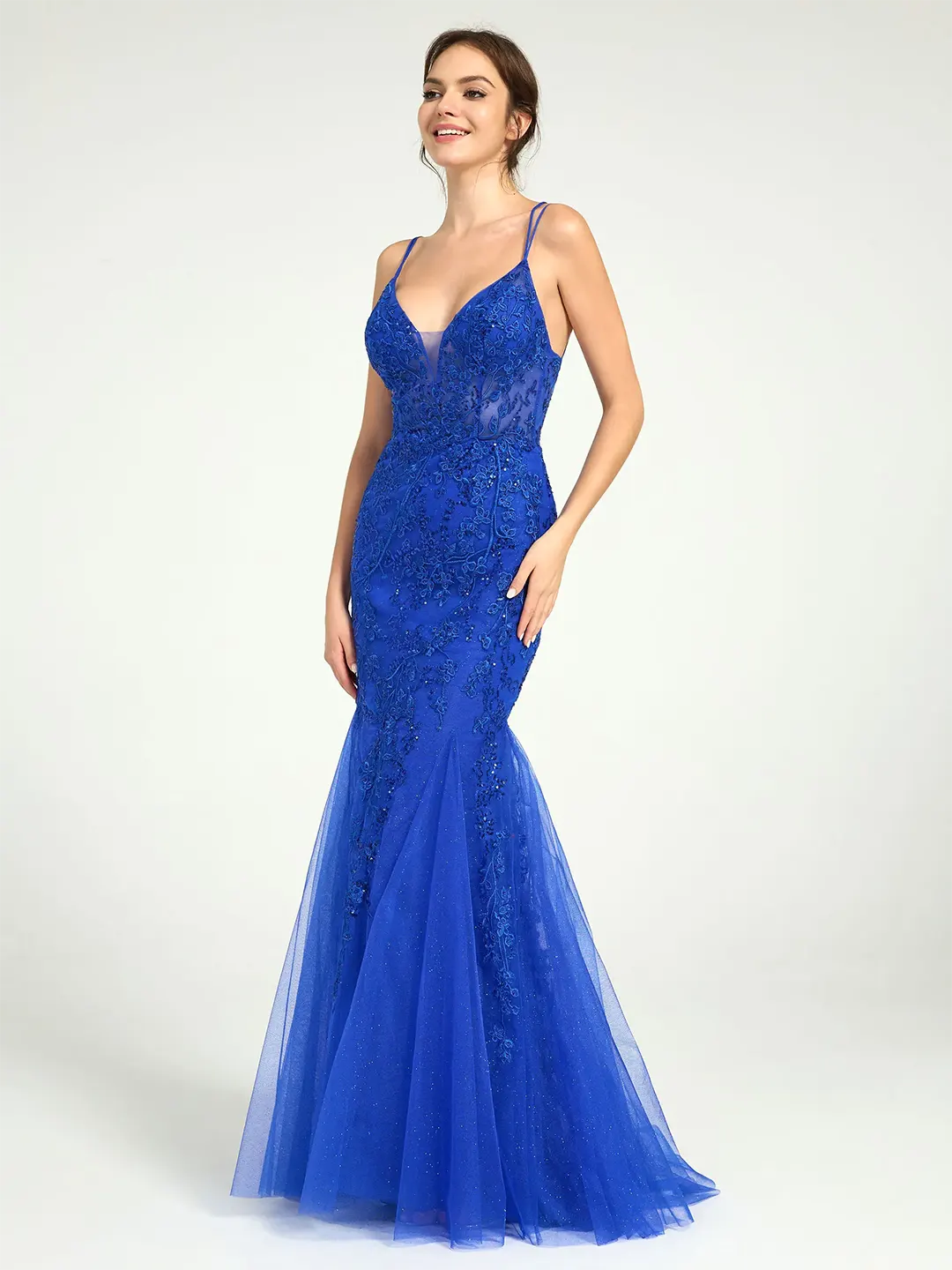V-Neck Lace-Up Mermaid Tulle Maxi Formal Prom Dress with Sequin Lace V-Neck Lace-Up Mermaid Tulle Maxi Formal Prom Dress with Sequin Lace