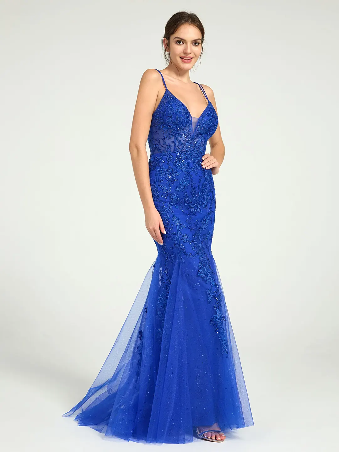 V-Neck Lace-Up Mermaid Tulle Maxi Formal Prom Dress with Sequin Lace V-Neck Lace-Up Mermaid Tulle Maxi Formal Prom Dress with Sequin Lace