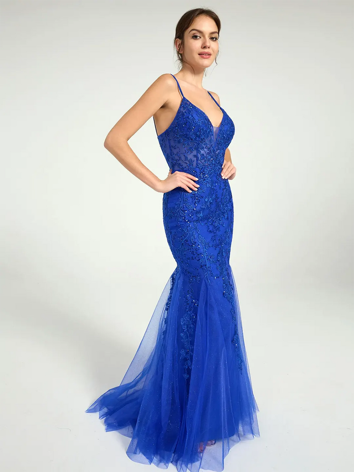V-Neck Lace-Up Mermaid Tulle Maxi Formal Prom Dress with Sequin Lace