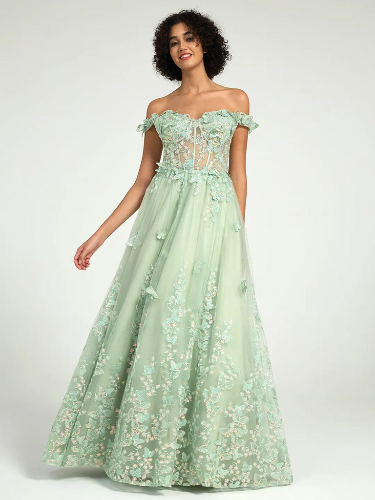 chinese dress ladies Sage Green Long Prom Dresses Lace Appliques V Neck Lace-Up – MyChicDress main image 1