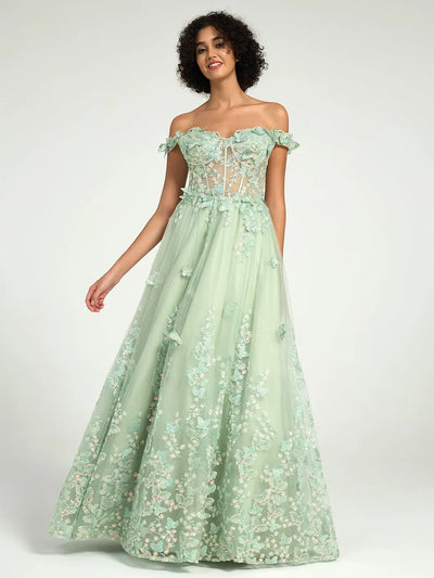 Carlyna Off-the-Shoulder A-Line Maxi Dress with 3D Floral Appliques and Lace-Up Back
