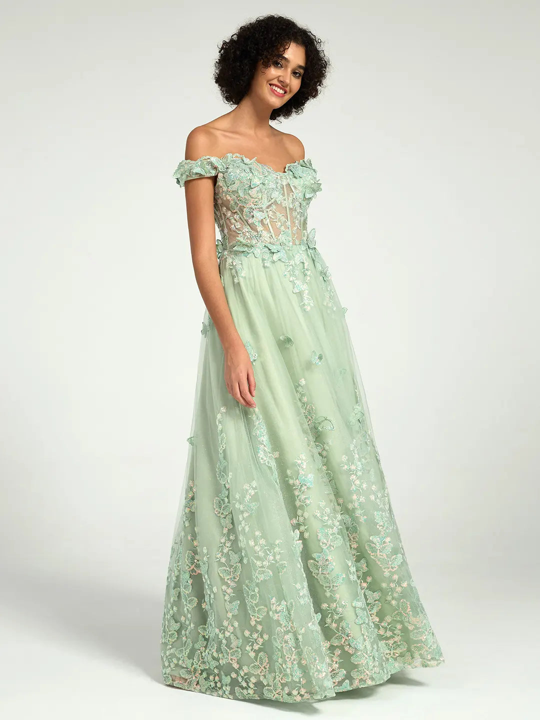 Sage Green A-Line Off-the-Shoulder Maxi Dress with 3D Flowers, Lace, and Butterfly Appliques Perfect for Weddings, Proms, and Formal Events Carlyna Sage Green A-Line Off-the-Shoulder Maxi Dress with 3D Flowers, Lace, and Butterfly Appliques Perfect for Weddings, Proms, and Formal Events Carlyna
