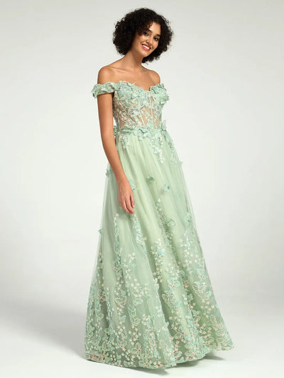 Carlyna Carlyna Off-the-Shoulder A-Line Maxi Dress with 3D Floral Appliques and Lace-Up Back