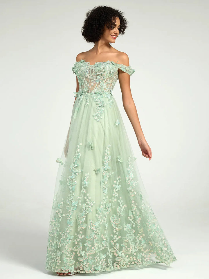 Off-The-Shoulder A-Line Maxi Dress with 3D Floral Appliques and Lace-Up Back Off-The-Shoulder A-Line Maxi Dress with 3D Floral Appliques and Lace-Up Back