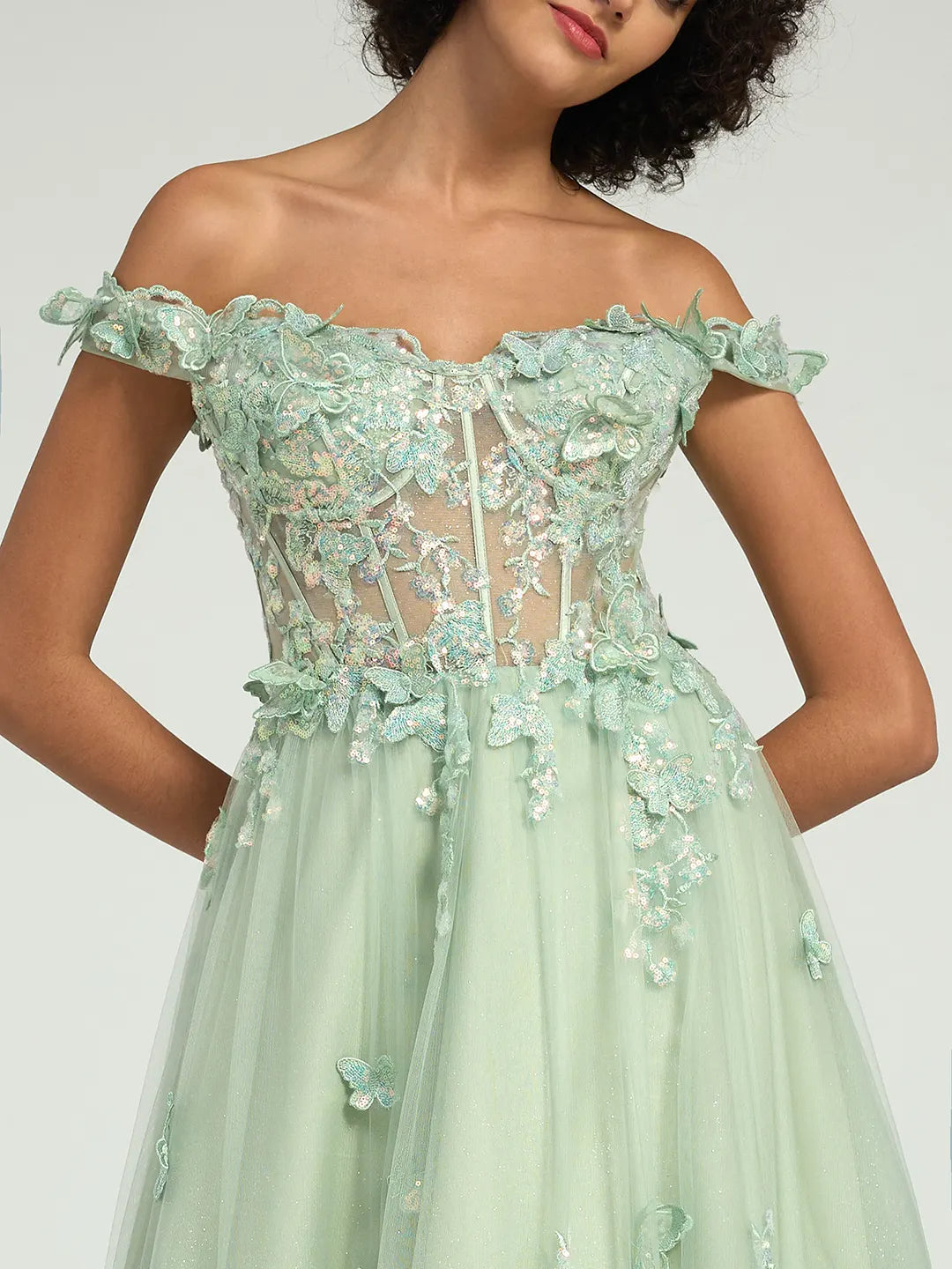 Sage Green A-Line Off-the-Shoulder Maxi Dress with 3D Flowers