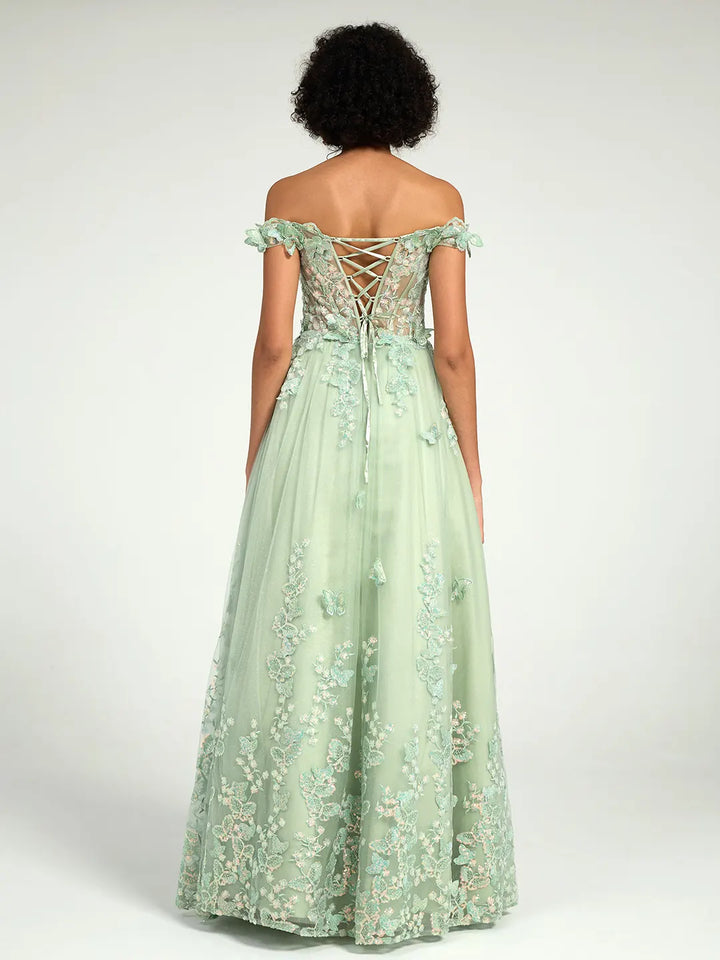 Sage Green A-Line Off-the-Shoulder Maxi Dress with 3D Flowers, Lace, and Butterfly Appliques Perfect for Weddings, Proms, and Formal Events Carlyna Sage Green A-Line Off-the-Shoulder Maxi Dress with 3D Flowers, Lace, and Butterfly Appliques Perfect for Weddings, Proms, and Formal Events Carlyna