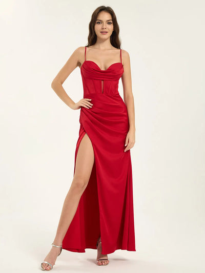 Satin Draped Corset Maxi Dress with Cowl Neck and Leg Slit