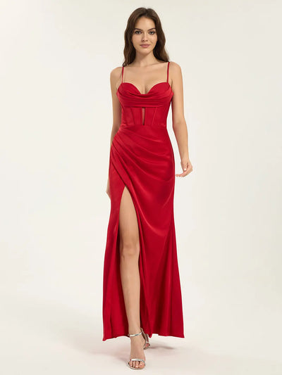 Satin Draped Corset Maxi Dress with Cowl Neck and Leg Slit