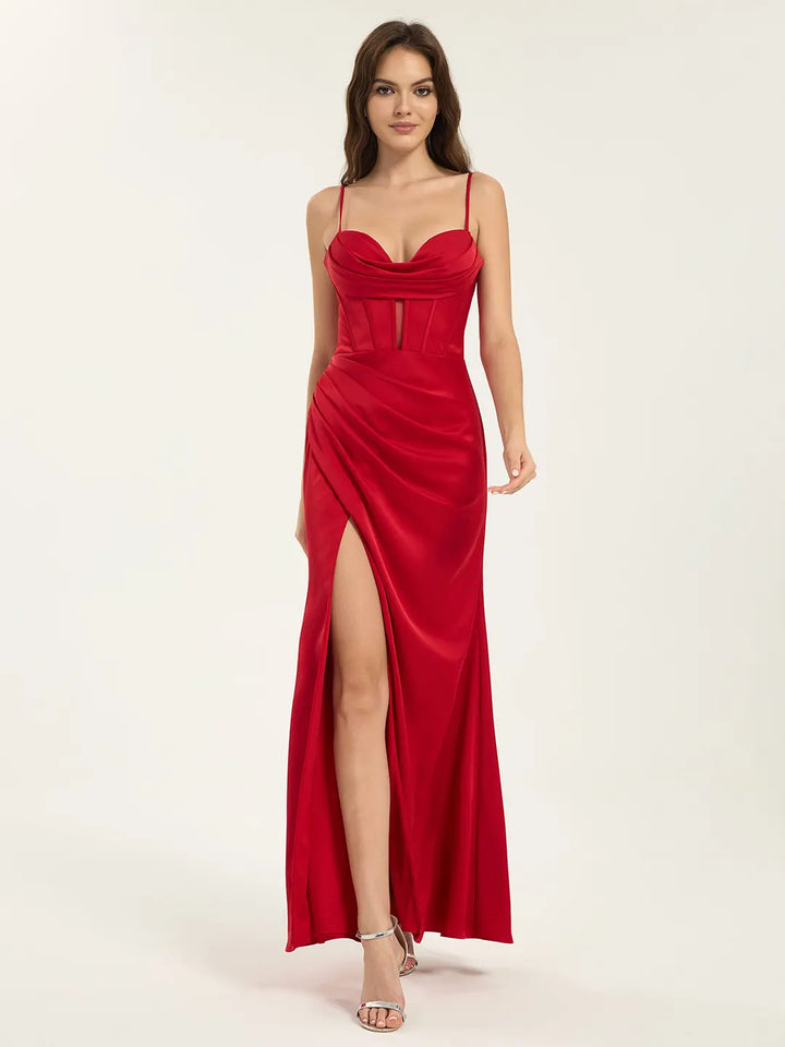 white christmas dresses Satin Draped Corset Maxi Dress with Cowl Neck and Leg Slit