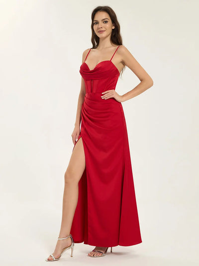 Satin Draped Corset Maxi Dress with Cowl Neck and Leg Slit