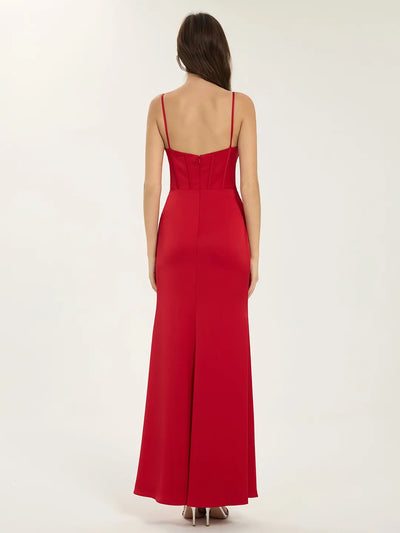 Satin Draped Corset Maxi Dress with Cowl Neck and Leg Slit
