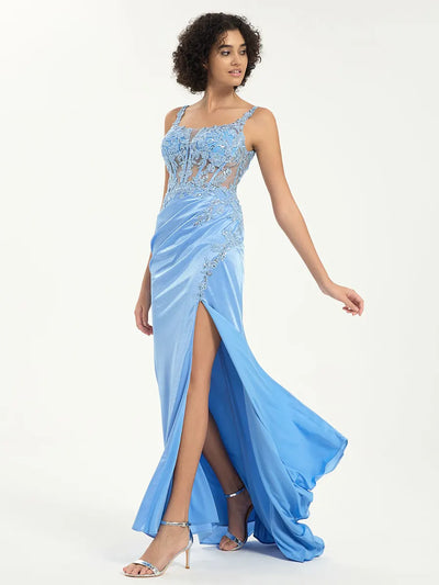Carlyna Scoop Neck Satin Lace Mermaid Gown with Sequin Appliqué and Leg Slit