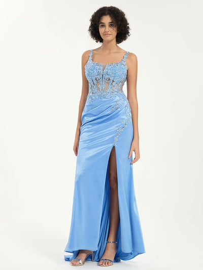 Carlyna Carlyna Scoop Neck Satin Lace Mermaid Gown with Sequin Appliqué and Leg Slit