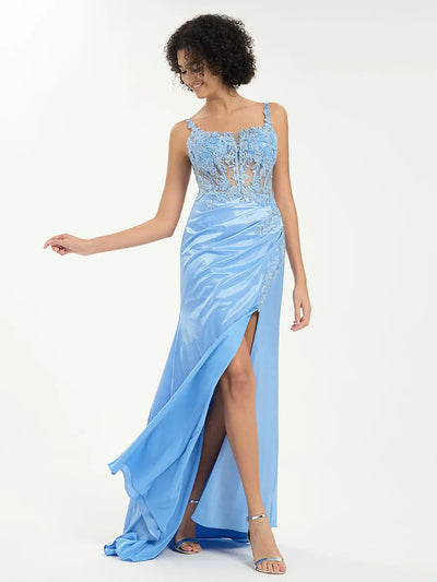 Carlyna Carlyna Carlyna Scoop Neck Satin Lace Mermaid Gown with Sequin Appliqué and Leg Slit