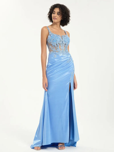 Carlyna Carlyna Carlyna Carlyna Scoop Neck Satin Lace Mermaid Gown with Sequin Appliqué and Leg Slit