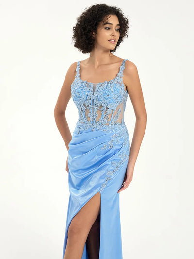 Carlyna Carlyna Carlyna Carlyna Carlyna Scoop Neck Satin Lace Mermaid Gown with Sequin Appliqué and Leg Slit