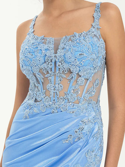 Carlyna Carlyna Carlyna Carlyna Carlyna Carlyna Scoop Neck Satin Lace Mermaid Gown with Sequin Appliqué and Leg Slit