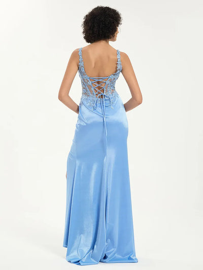 Carlyna Carlyna Carlyna Carlyna Carlyna Carlyna Carlyna Scoop Neck Satin Lace Mermaid Gown with Sequin Appliqué and Leg Slit