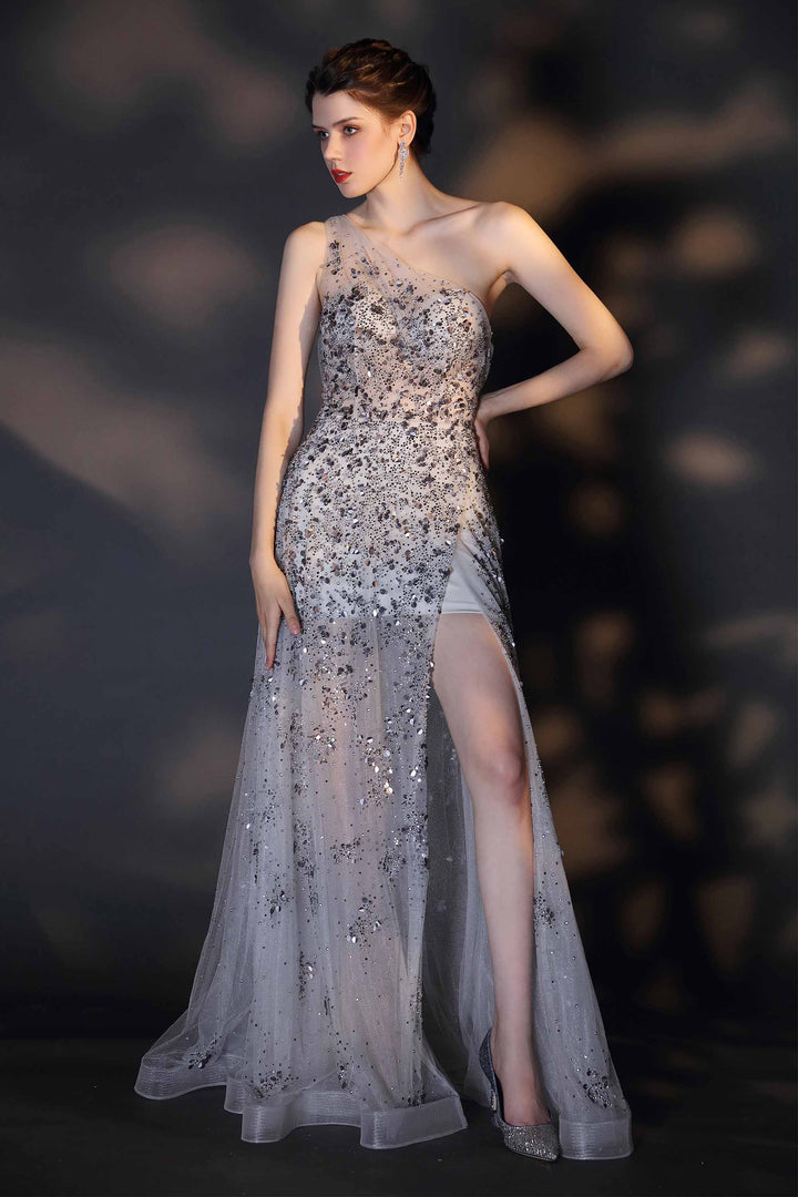 Sexy One Shoulder Shiny Sequins and Beads Prom Dress