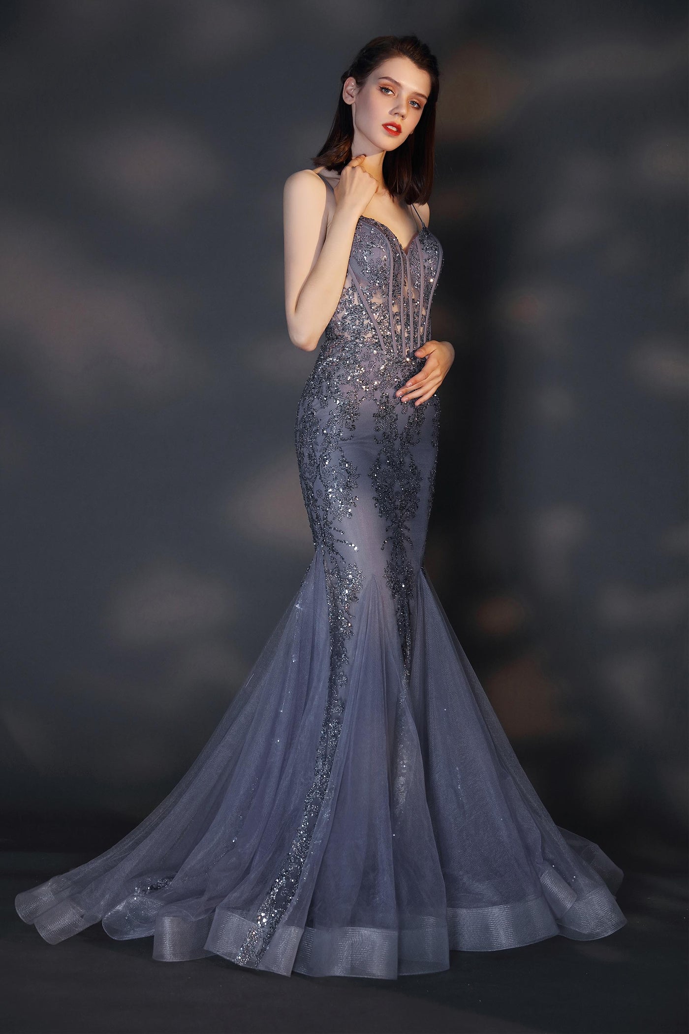 Sexy V-Cut Spaghetti Beaded Mermaid Prom Dress