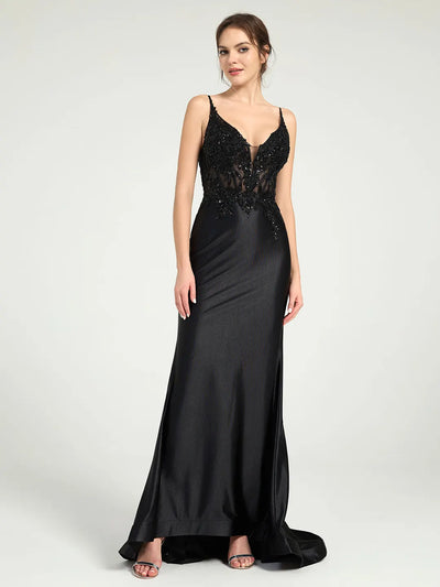 Carlyna Carlyna Sheer Bead & Lace Embellished Jersey Prom Gown with V-Neck and Asymmetrical Skirt