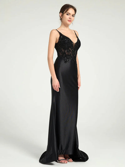 Carlyna Carlyna Carlyna Sheer Bead & Lace Embellished Jersey Prom Gown with V-Neck and Asymmetrical Skirt