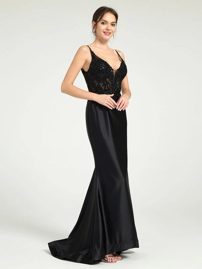 Carlyna Carlyna Carlyna Carlyna Sheer Bead & Lace Embellished Jersey Prom Gown with V-Neck and Asymmetrical Skirt