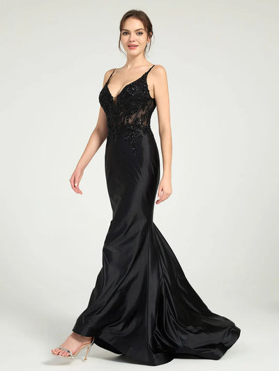Carlyna Carlyna Carlyna Carlyna Carlyna Sheer Bead & Lace Embellished Jersey Prom Gown with V-Neck and Asymmetrical Skirt