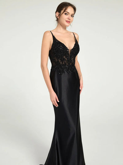 Carlyna Carlyna Carlyna Carlyna Carlyna Carlyna Carlyna Sheer Bead & Lace Embellished Jersey Prom Gown with V-Neck and Asymmetrical Skirt