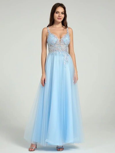 Carlyna Sheer Embroidered Sequin Bodice A-Line Maxi Dress