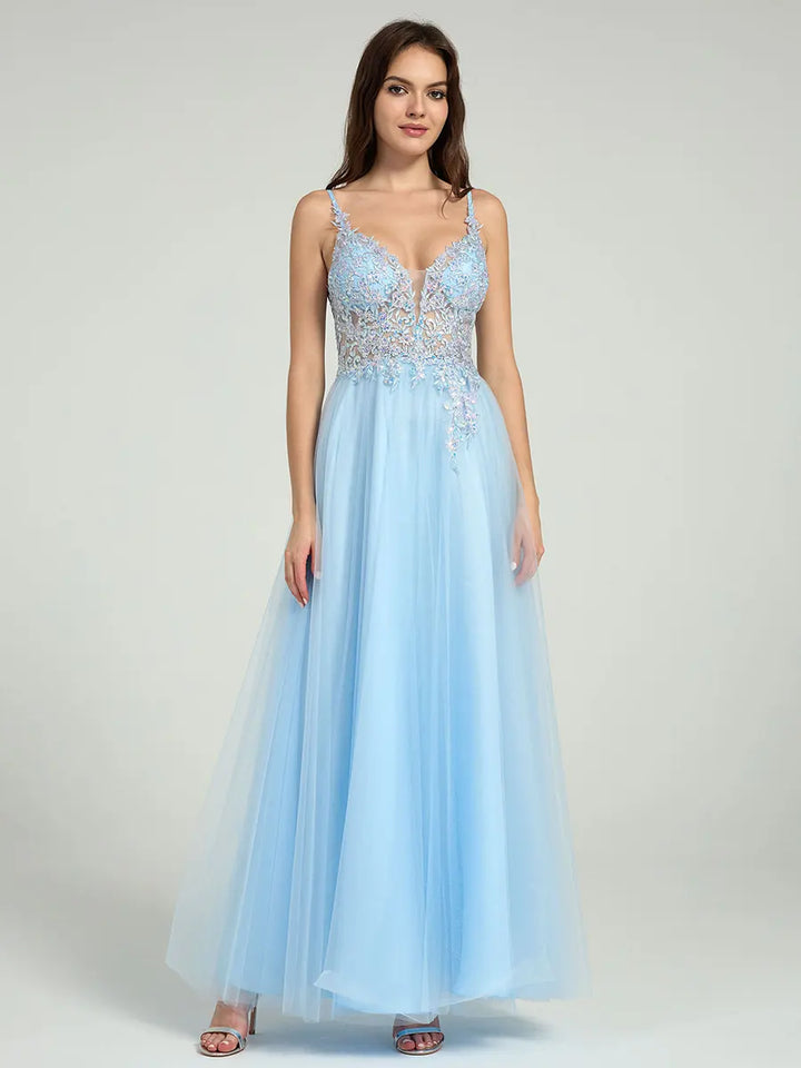 Light Blue A-Line Prom Dress - V-Neck, Open Back, Sequin Embroidered - Carlyna Light Blue A-Line Prom Dress - V-Neck, Open Back, Sequin Embroidered - Carlyna