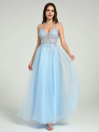 Carlyna Carlyna Sheer Embroidered Sequin Bodice A-Line Maxi Dress