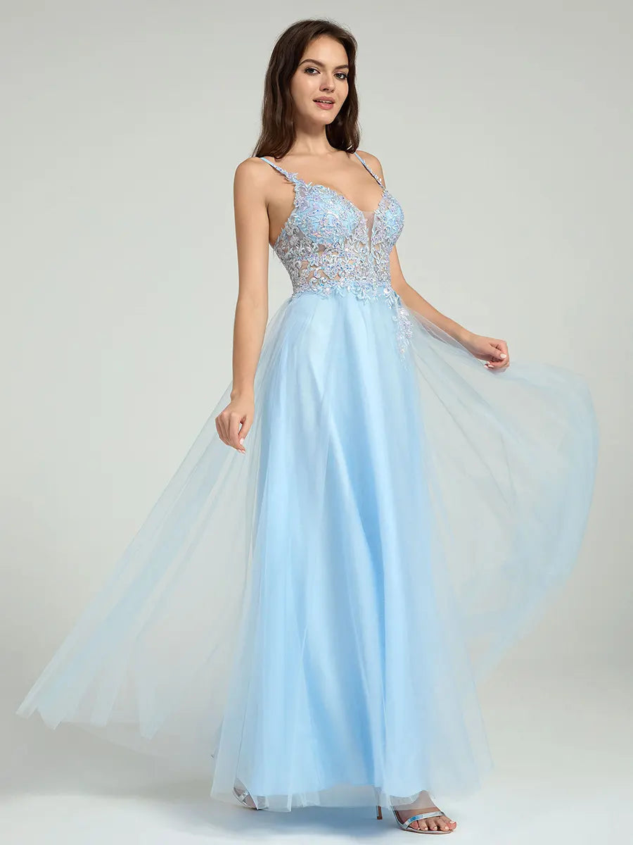 Light Blue A-Line Prom Dress - V-Neck, Open Back, Sequin Embroidered - Carlyna Light Blue A-Line Prom Dress - V-Neck, Open Back, Sequin Embroidered - Carlyna