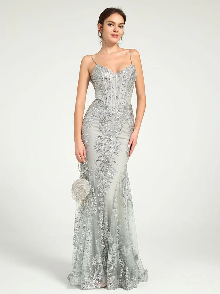 Long Fit & Flare Corset Prom Dress with Glittering Floral Embellishments Long Fit & Flare Corset Prom Dress with Glittering Floral Embellishments