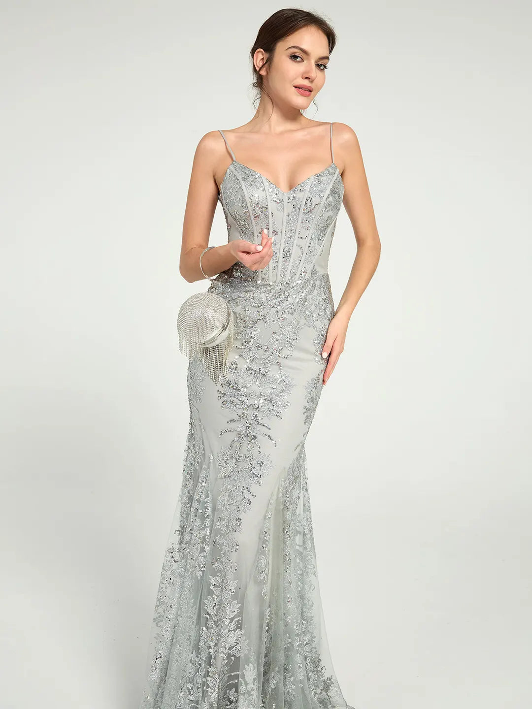 Long Fit & Flare Corset Prom Dress with Glittering Floral Embellishments
