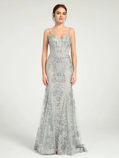 Carlyna Carlyna Carlyna Long Fit & Flare Corset Prom Dress with Glittering Floral Embellishments