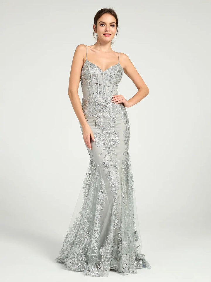 Long Fit & Flare Corset Prom Dress with Glittering Floral Embellishments Long Fit & Flare Corset Prom Dress with Glittering Floral Embellishments