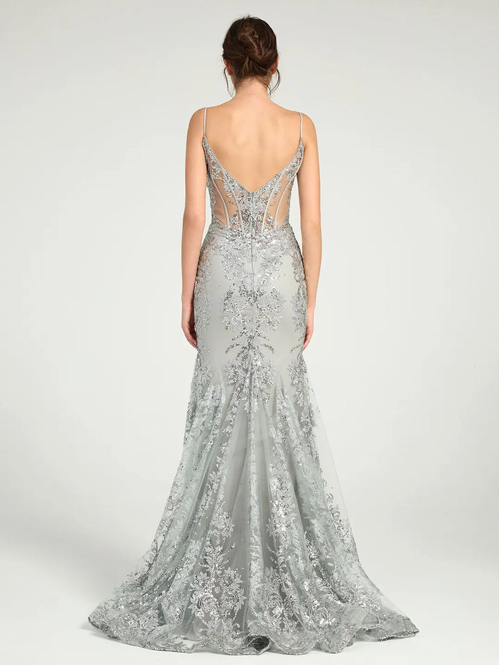 Long Fit & Flare Corset Prom Dress with Glittering Floral Embellishments Long Fit & Flare Corset Prom Dress with Glittering Floral Embellishments