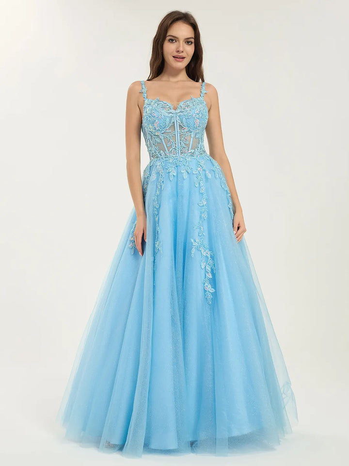 Sky Blue A-Line Ball Gown with Sweetheart Neckline, Lace, Glitter Tulle, and Sequin Floral Embellishments Perfect for Weddings and Prom Carlyna Sky Blue A-Line Ball Gown with Sweetheart Neckline, Lace, Glitter Tulle, and Sequin Floral Embellishments Perfect for Weddings and Prom Carlyna