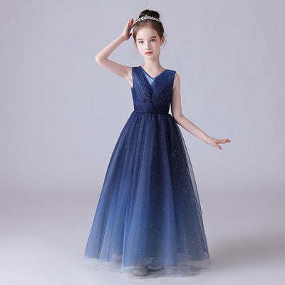 Sparkling Blue Girls’ Tulle Maxi Dress – V-Neck Formal Princess Gown