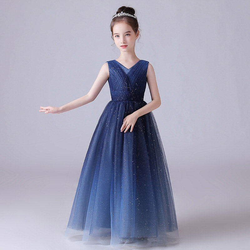 Sparkling Blue Girls’ Tulle Maxi Dress – V-Neck Formal Princess Gown