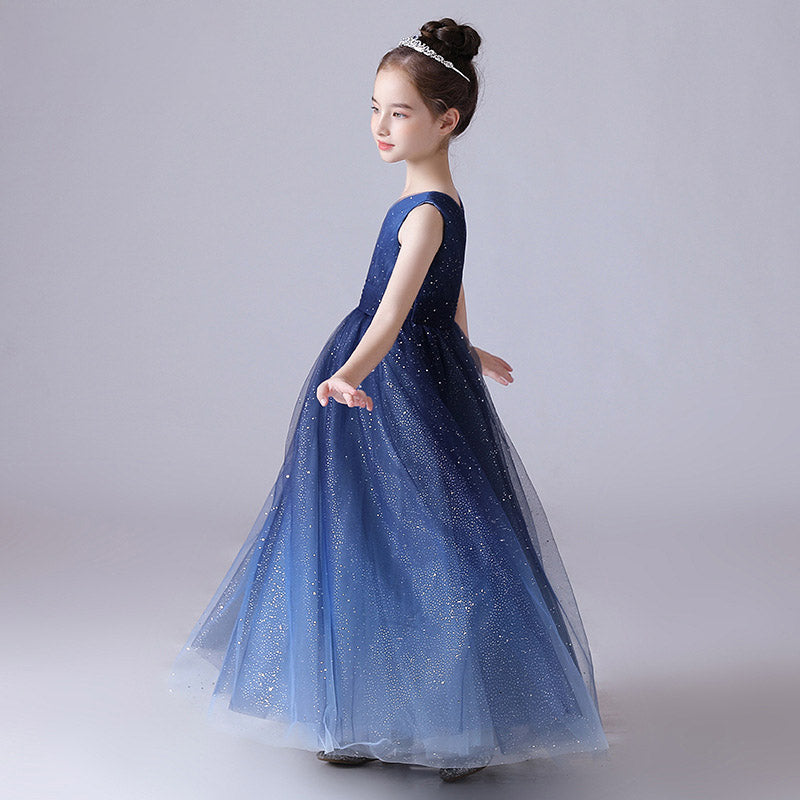 Sparkling Blue Girls’ Tulle Maxi Dress – V-Neck Formal Princess Gown