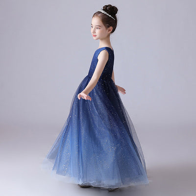 Sparkling Blue Girls’ Tulle Maxi Dress – V-Neck Formal Princess Gown