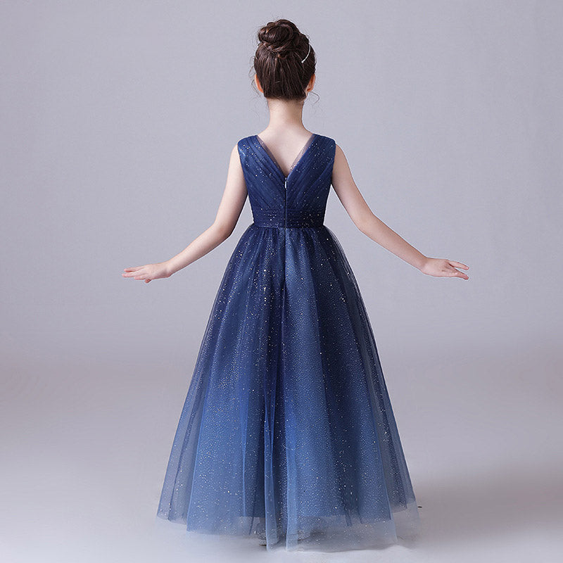 Sparkling Blue Girls’ Tulle Maxi Dress – V-Neck Formal Princess Gown