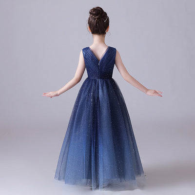 Sparkling Blue Girls’ Tulle Maxi Dress – V-Neck Formal Princess Gown
