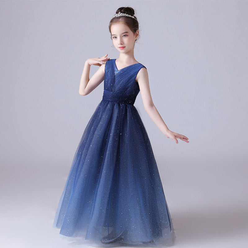 Sparkling Blue Girls’ Tulle Maxi Dress – V-Neck Formal Princess Gown