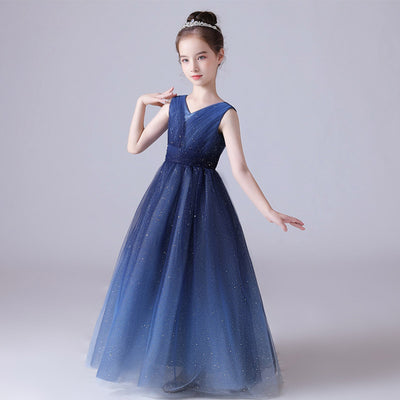 Sparkling Blue Girls’ Tulle Maxi Dress – V-Neck Formal Princess Gown